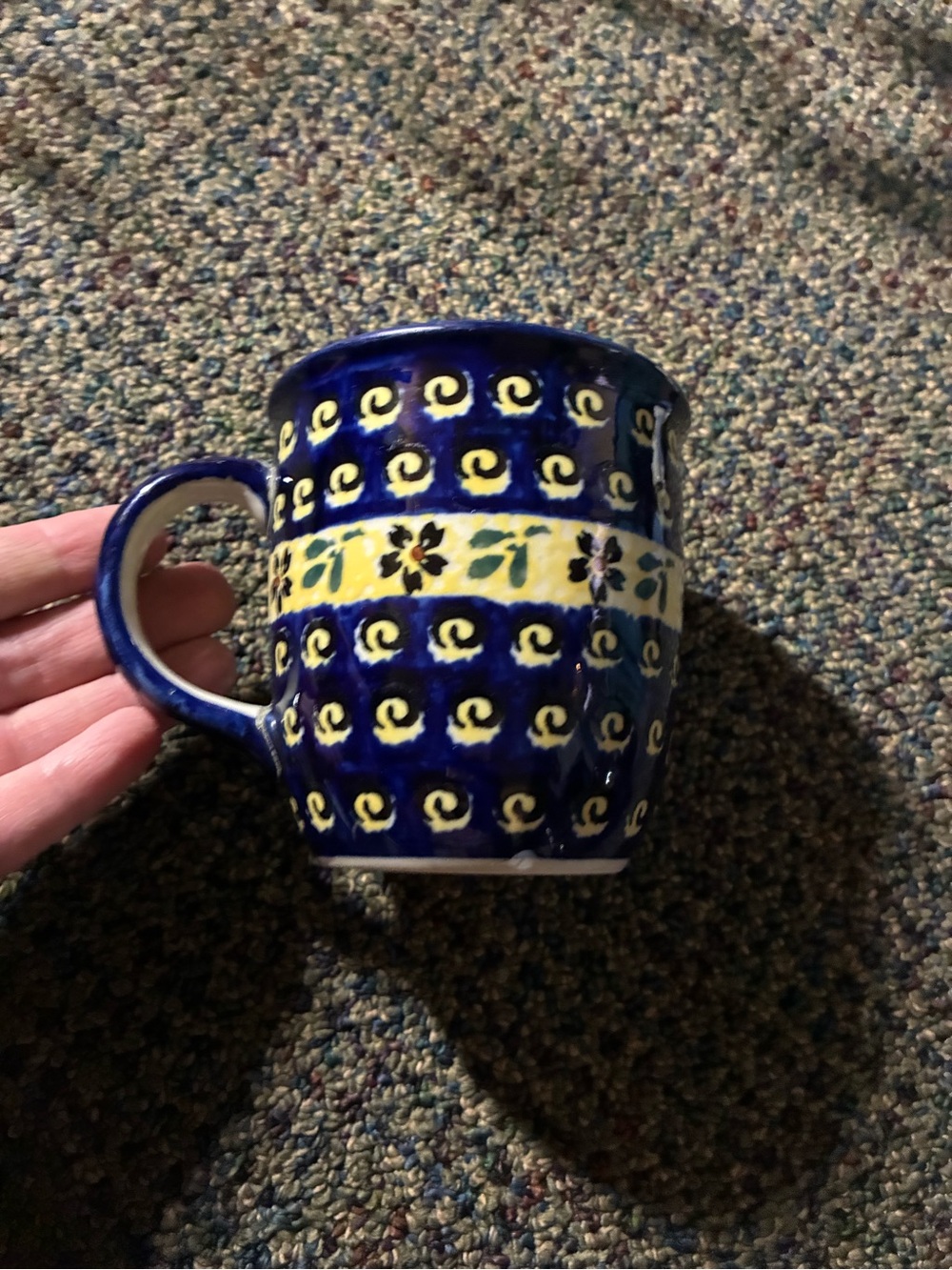 Hand-Painted Blue Polish pottery Mug with Yellow Floral Band